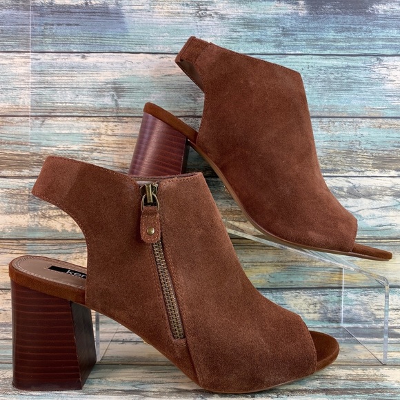 Kensie Emonton Brown Suede Open Toe Bootie Heel Cutout Zip Up Womens Size 8.5M - Picture 1 of 12